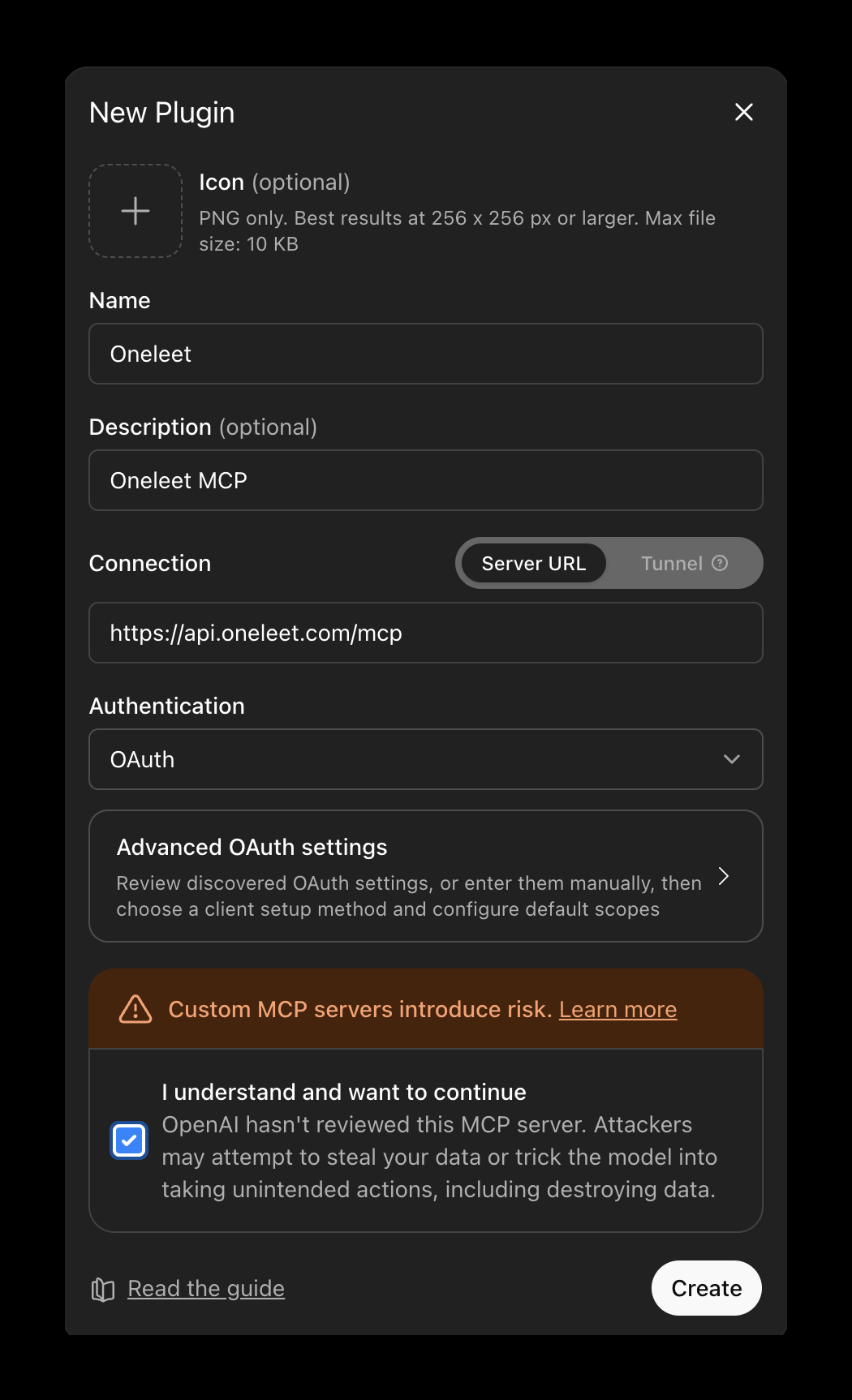 ChatGPT’s New Plugin form with the Oneleet server URL and OAuth authentication selected