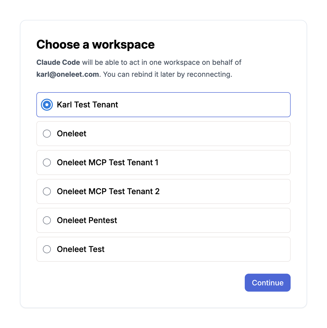 Choose a workspace page listing the workspaces you belong to
