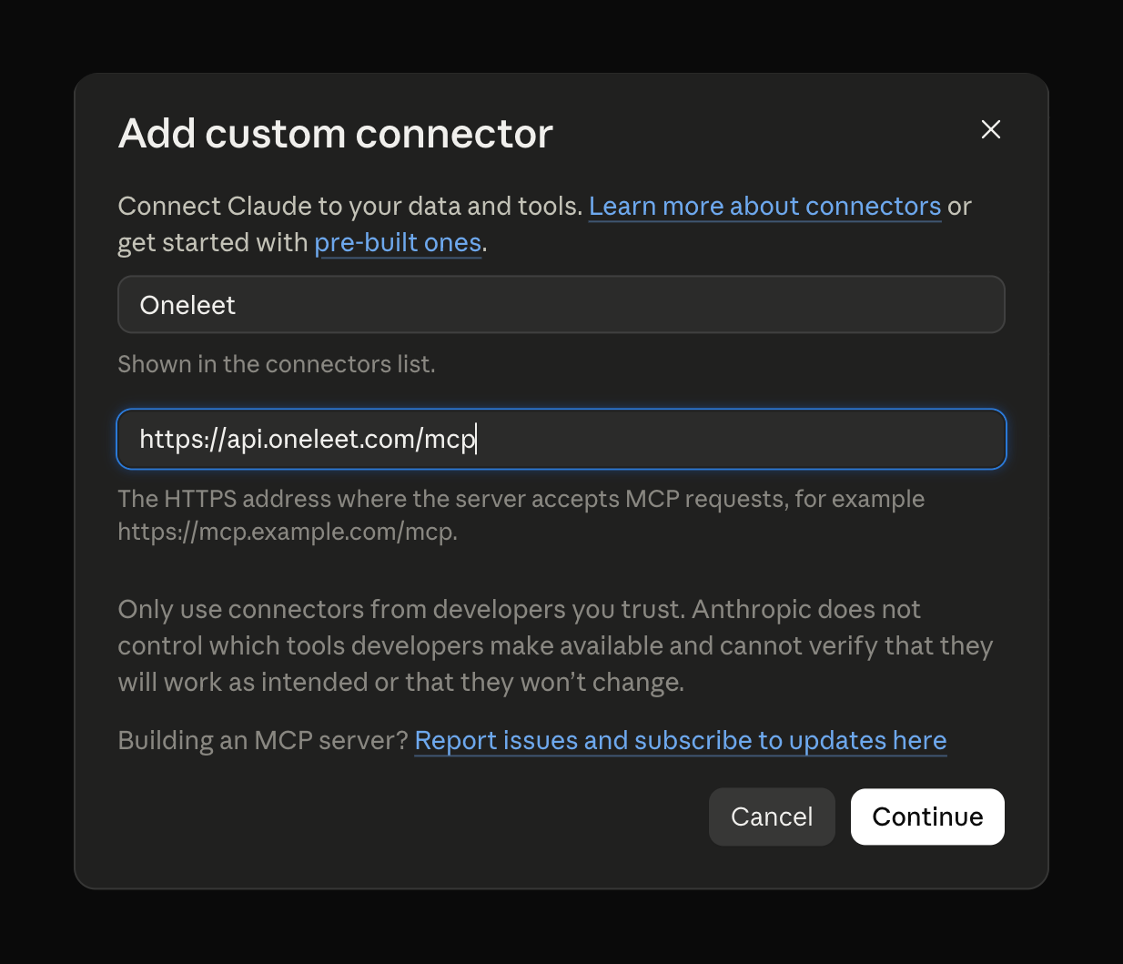 Add custom connector dialog with the Oneleet MCP server URL filled in