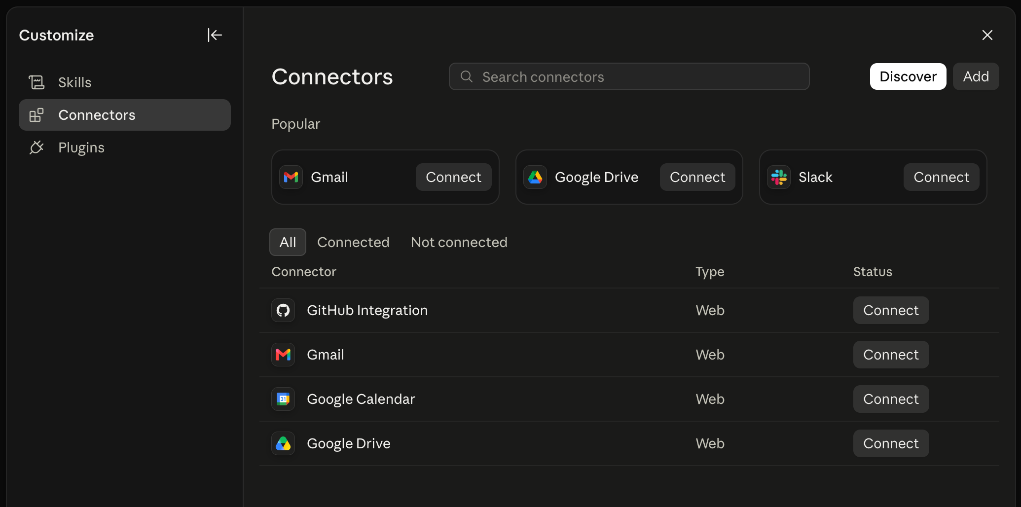 Claude settings with the Connectors section open