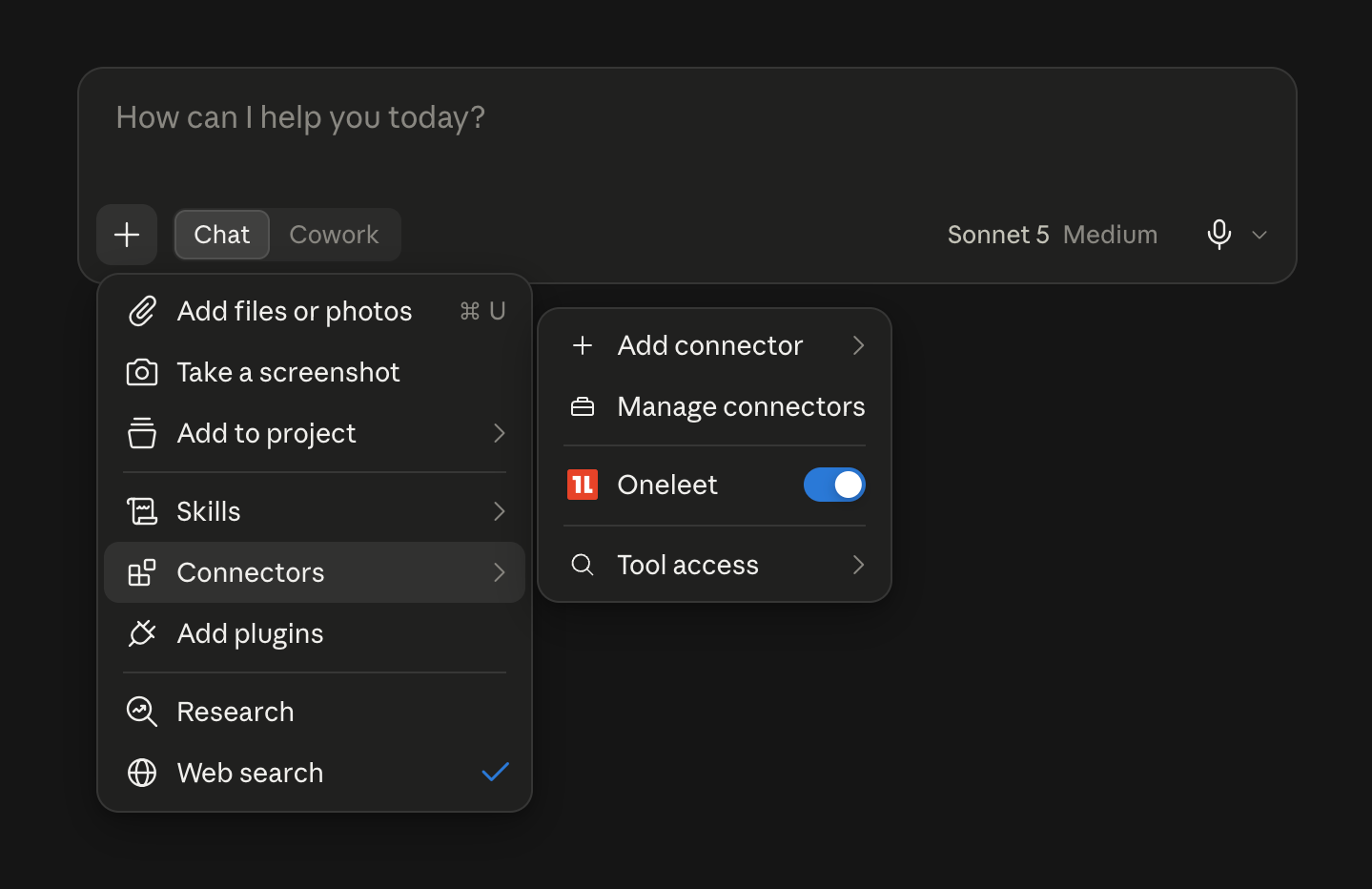 Connectors menu in a Claude conversation with Oneleet enabled