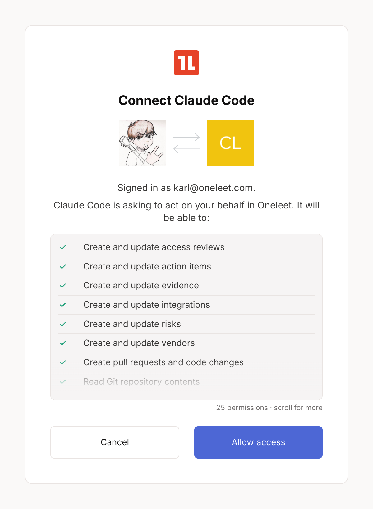 Consent screen listing the Oneleet permissions the assistant is requesting, with Allow access and Cancel buttons