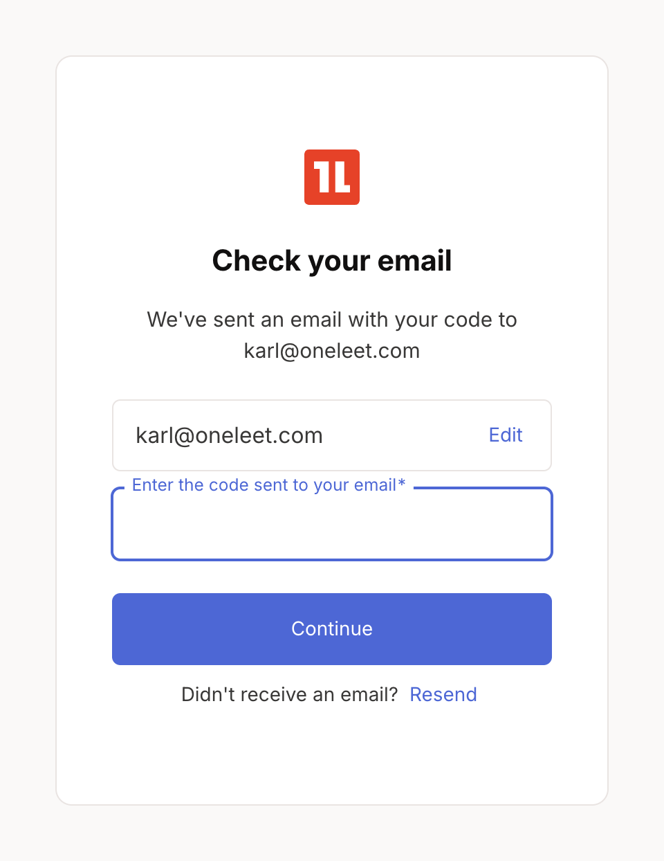Oneleet sign-in page asking for the emailed one-time code