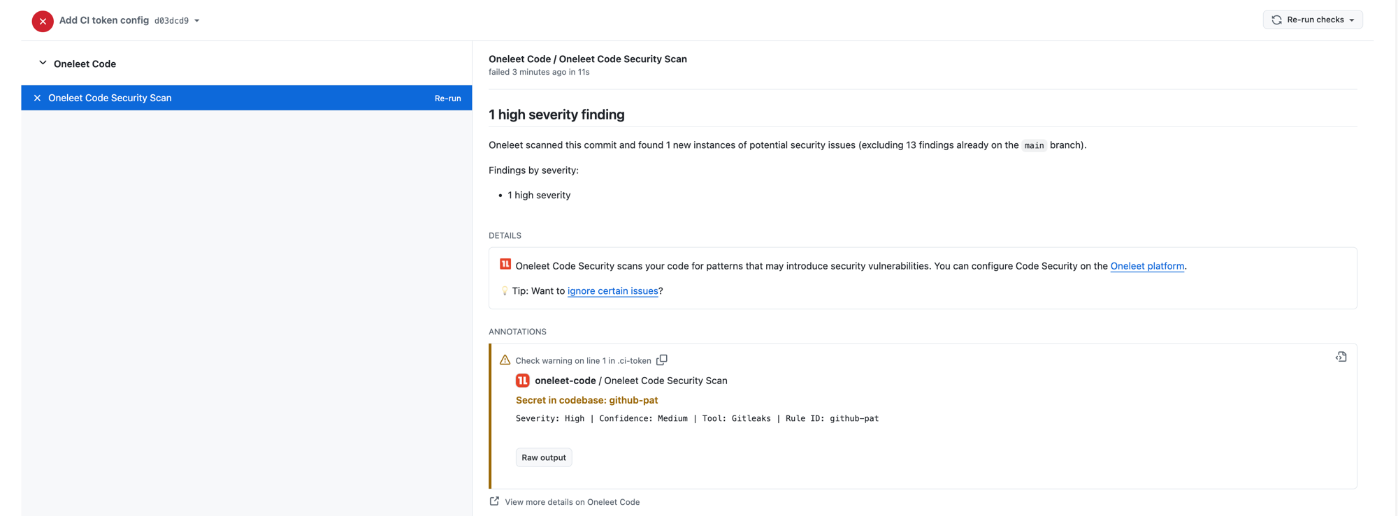 A failing Oneleet Code Security Scan check on a GitHub pull request, showing a high severity finding annotation for a secret in the codebase